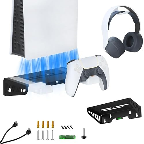 BeisDirect PS5 Slim Wall Mount Bracket Stand 3 in 1 Shelf with Headphone Stand & PS5 Dual Controller Mounts, Wall Storage Bracket for PS5/PS5 Slim Console Disc/Digital Edition, Schwarz , Wandhalterung