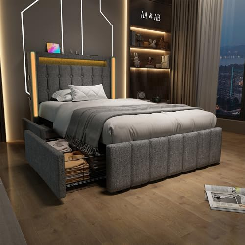 KUAKE Polsterbett 90x200cm, Jugendbetten Einzelbett Stauraumbetten Bettgestell, USB Typ C Ladefunktion LED-Kopfteil und 2 Schubladen, Lattenrost aus Holz, Grau ﻿ (90x200cm)