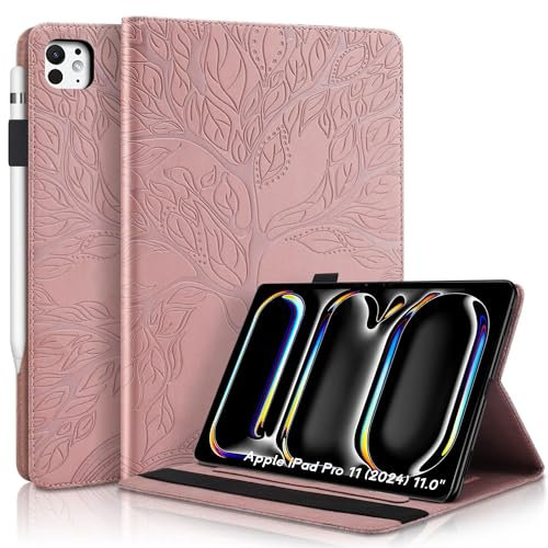 Succtopy Coque pour iPad Pro 11 Pouces M4 (2024) Housse de Protection avec Porte-Pencil, Étui à Rabat avec Support Fonction pour Tablette Rose Gold