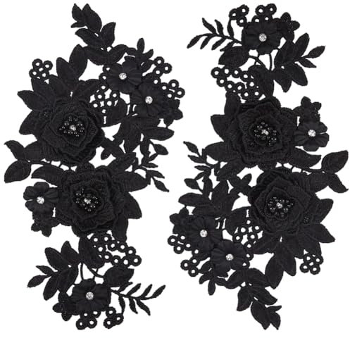 GORGECRAFT 2Pcs 3D Flower Lace Appliques Rhinestone Beaded Embroidered Sew on/Iron on Patch Black Floral Motif Cloth Collar Trim Patches for Wedding Bridal Dress Decor Clothing Pants Sewing DIY Crafts