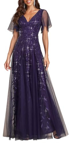 Ever-Pretty Robes de Soir e Femmes Longues Manches Volants Tulle Paillettes de Feuilles Col V Chic Bordeaux 36