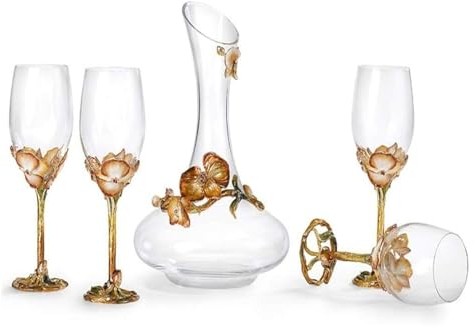 Dekanter，Whiskey Dekanter，Whisky Karaffe und Glas 1000 ml, mundgeblasenes Kristallglas, 5-teiliges Weinset, Umriss in Gold, Belüfter, Ausgießer, Dekanter, Flaschenausgießer, Entlüfter, Geschenkbox