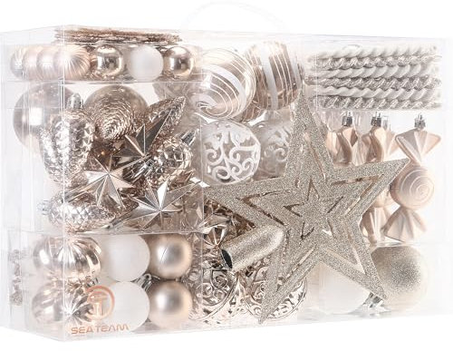 Sea Team 130-teiliges sortiertes Set aus bruchsicheren Weihnachtskugeln und Baumschmuck-Dekorationen mit wiederverwendbarer Geschenkverpackung für den Weihnachtsbaum.(Champagner)