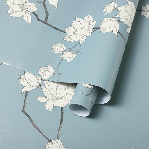 Fiula Selbstklebende Tapete Klebefolie Möbel Blumen 44CMx10M Möbelfolie Selbstklebend Blau-Grau Beige Blumetapete Wasserdicht Vinyl für Wohnzimmer Schlafzimmer Vintage Florale Wallpaper
