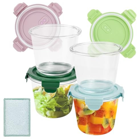 YBCCBY 4-Cup Glass Food Storage Containers with Lids, 750ML Airtight Round Soup Bowls, Microwave, Dishwasher & Freezer Safe, BPA-Free, Includes 1 Dish Brush - Ideal for Meal Prep & Leftovers