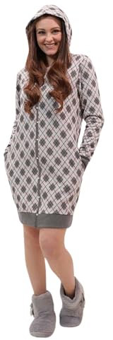 Leo Corsetteria Vestaglia per donna pile calda giovane invernale collo alto bottoni Cappuccio tasche fantasia Rombi Grigio Misura M