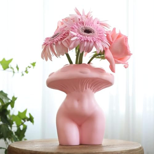 AmiCera Vase mit Pilz DamenköRper für Blumen, Einzigartige Pilzdekoration, Eklektische Vasen mit Hintern In Damenform für Blumen, Funky Gesicht Ästhetische Deko Wohnzimmer, Rosa