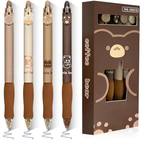 lafo Radierbarer Kugelschreiber mit Kaffee-Bär-Design 4er Pack, Braune Radierbare Stifte 0.5mm, Gelschreiber Radierbar, Friction Erasable Pen für Studenten, Geschenk Schule Bürobedarf (Braun, Blau)
