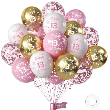 Lot de 16 ballons en latex imprimés en forme de chiffres pour fête d'anniversaire de fille - 33 cm - Rose/blanc doré