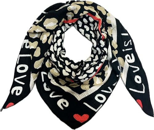 J26 Love Herz Leopard Dreieck Schal aus 100% Baumwolle Frühling Unisex Uni Fashion Stola Tuch Übergangszeit Italy Sommer Strickschal Strick Tuch Heart Leo (Schwarz)