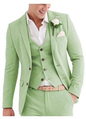 Ensemble de costume décontracté 3 pièces en lin pour homme avec veste et pantalon à deux boutons pour bal de fin d'année, mariage, dîner rose, sauge, 56