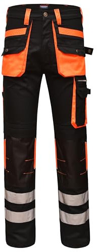 STRUD FIT Hi Vis Trousers Men's Cargo Workwear Multi Pockets Safety Pants with Reflective Tape Construction, Industrial use Heavy Duty Work Trousers (UK, Waist & Inseam, 34, 30, Black)