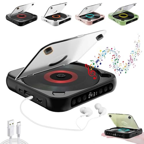 Portable Bluetooth-compatible CD Player, Home Rechargeable Compact CD Player Built-in HiFi Speakers with Timer and LCD Screen Display, Supports CD/AUX/USB and Repeat Modes (Black)