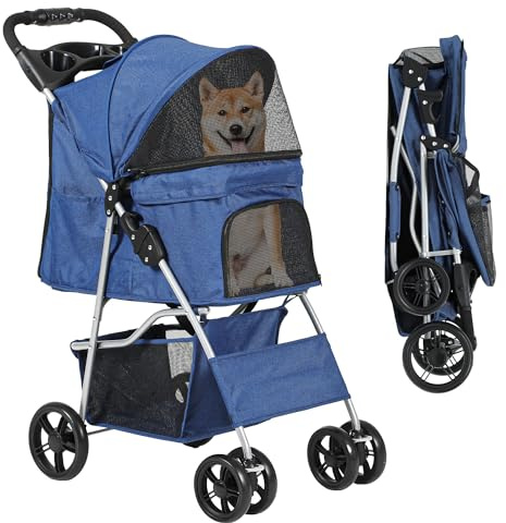 DWVO Hundewagen Haustiere Buggy für mittelgroße Hunde Katzen bis 15kg, klappbar Hundebuggy mit Netzfenstern & Getränkehalter, Aufbewahrungskorb, Katzenbuggy (Blau)
