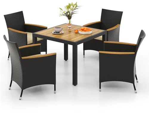 GYMAX Table de Jardin Extérieur avec Chaises pour 4 Personnes, Table à Manger avec Trous pour Parasol en Bois d'Acacia, avec Coussin Confortable, Salons Exterieur Rotin 5 Pièces pour Balcon, Terrasse