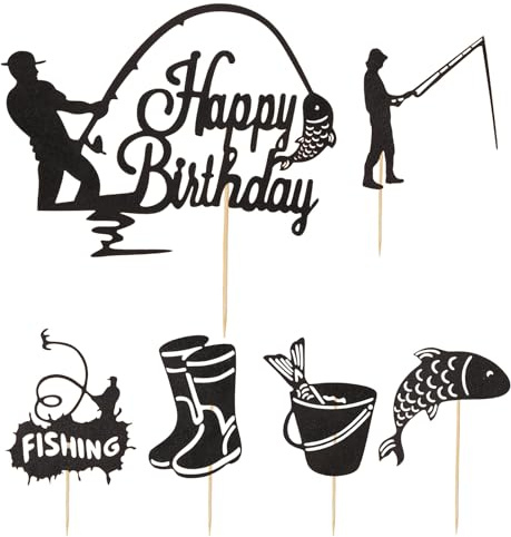 6 Stück Kuchendekorationen Happy Birthday Tortendeko Fisch Thema für Jungen und Herren DIY Angelzubehör für Geburtstag Kreative und Originelle Tortendeko für Fischliebhaber