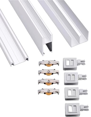 Kit ferramenta per Porte scorrevoli a Doppio Binario per vetrine/librerie/cucine da 8 mm - Rulli silenziosi e Resistenti, Binario Scorrevole per vetrine, armadi e Ante di armadi (Argento, 59