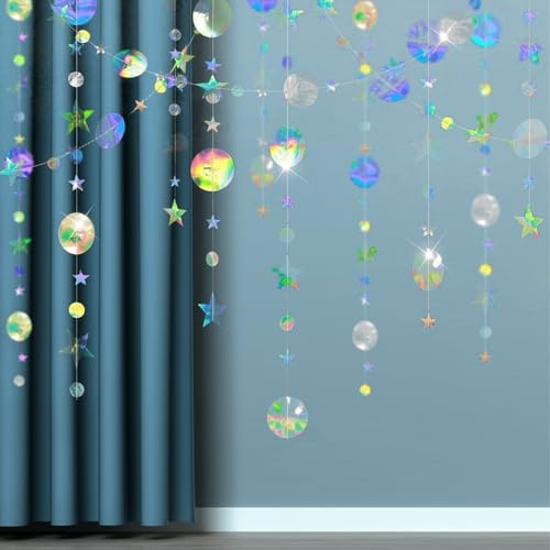 Hängende Papier Girlande holografisch Regenbogen – 4×4 m Set (gesamt 16 m) Rund und Stern Papier Deko, reflektierende Glitzer Girlande für Geburtstag Hochzeit Babyparty Abschluss Jubiläum Themenparty