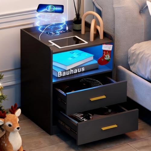 Vlsrka RGB Nachttisch mit Ladefunktion, Nachttische Holz Schlafzimmer | LED Nachttisch mit USB und Type-C Stecker, Nachtschrank mit 24 Farben Licht, Moderner Nachtschrank mit 2 Schubladen, Schwarz