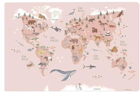 Sous-main de bureau pour enfants – « Carte du monde Animaux rose français » – 60 x 40 cm – en vinyle premium – Fabriqué en Allemagne