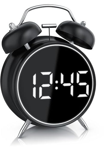 CSL - Wecker digital - Retro Design – lauter Glockenalarm - LED Anzeige – Akustiksteuerung – Zeit und Datum – Schlummerfunktion – Batteriebetrieb oder USB - ohne Ticken - schwarz