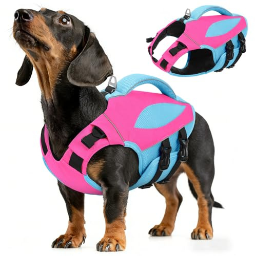 AOFITEE Schwimmweste Hund Klein, Verstellbar & Ripstop Hund Rettungsweste mit Rettungsgrif, Sicher Reflektierende Hunde Schwimmweste Hoher Auftrieb Hundeschwimmweste Kleine Hunde, Rose, S
