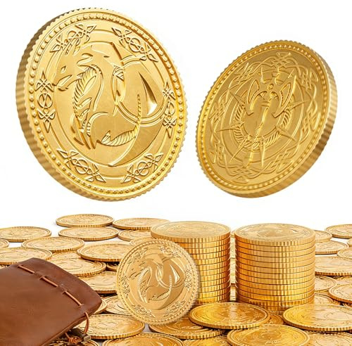 Byhoo Gold Coins 100 PCS Coins, Dragon Yue Metal Coins for DND with PU Leather Pouch, Large Treasure Set for Dungeons and Dragons, Heavyweight Metal Double-Sided Dragon & Axe Relief RPG Accessories