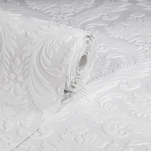 SOPHIE LAURENCE White Damask Paintable Wallpaper | Embossed | Blown Textured Vinyl | Slightly Imperfect | Thick & Heavy | Disguise Imperfections | Personalise by Painting