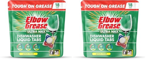 Elbow Grease Ultra Max Liquid Dishwasher Tablets | Tough on Grease & Brilliant Shine | Prevents Limescale | Powerful All-In-1 Clean (Lemon, 18 Tabs) (Pack of 2)
