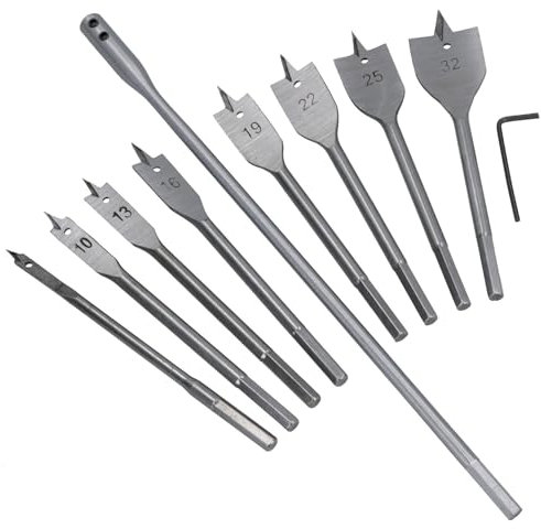 10pc Flat Wood Spade Drill Hex Shank with Extension Bar 6-32mm TE687