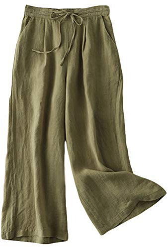 FTCayanz Donna Pantaloni Larghi Lino Vita Alta Pantaloni Gamba Larga Estivi con Coulisse (M, Army Green)