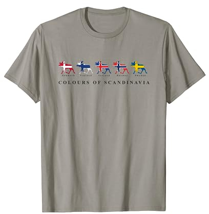 66 Latitude North Skandinavien Flaggen Elchfarben Schweden, Norwegen, Island Unisex Erwachsene T-Shirt Grau S Klassisch mit Tierdruck Kurzarm
