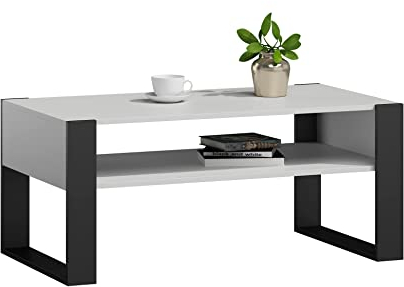 MATKAM Couchtisch KAJA H50 x B100 x T53,6 cm Loft Retro, offene Ablage unter der Tischplatte, Kufenbeine (Weiß)