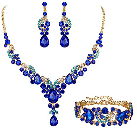 Ever Faith Wedding Jewellery Set for Women, Sparkly Rhinestone Crystal Vintage Floral Teardrop Brides Bridal Necklace Earrings Bracelet Sets Prom Party Costume Jewelry 3 Pcs Blue Gold-Tone