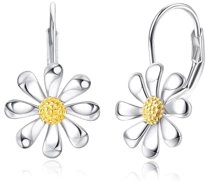 KRFY 925 Sterling Silber Gänseblümchen Ohrringe für Frauen Mädchen - 18K Weißgold vergoldet Leverback baumeln Ohrringe - Hypoallergen Daisy Blume Schmuck Geschenke für Frauen mit sensiblen Ohren