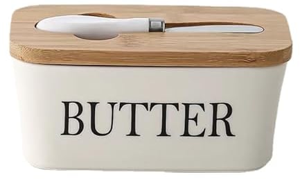 Butter Churner Hand Crank Mason Jar Countertop Ceramic Butter Container with Knife Holder Spreader Double Silicone Seals (White)