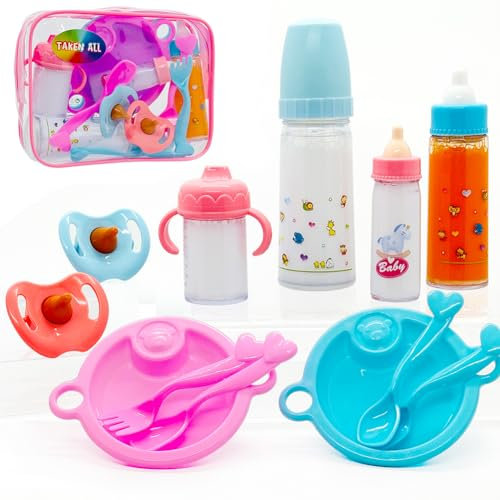 Baby Doll Accessories Magic Bottle Set Magic Disappearing Milk Juice Bottles Sippy Cups with Pacifiers Bowl Spoons, Doll Bottle Toys Feeding Pretend Playset for Kids Girls Ages 3+ (Big Set(12pcs))
