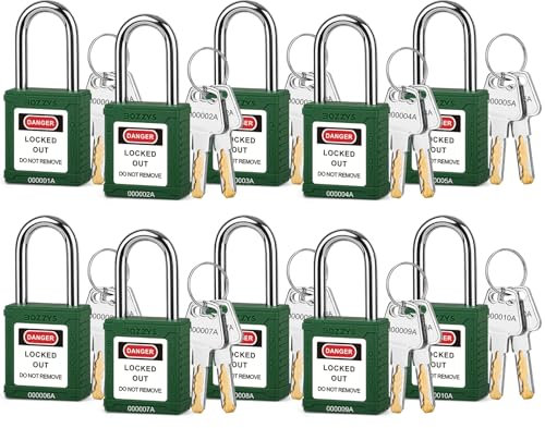 Juego de 10 candados de seguridad verdes de bloqueo/etiquetado, candados de bloqueo con diferentes llaves, 2 llaves por cerradura Loto, para bloquear los puntos de control mecánico y eléctrico más