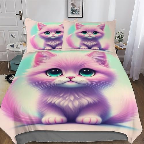 PAZZK süße Katze Bettwäsche Set Soft Atmungsaktive 3D Bettbezüge 2teilig, Jungen Mädchen Bettwaren, Gebürstet Mikrofaser Angenehme Bettbezug + Kissenbezug Single (135x200cm)