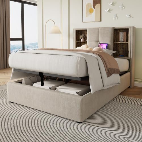 Sapgaks Gepolstertes Bett, 90 x 200 cm, mit USB-Anschluss, Aufbewahrung, Leinen, Struktur aus Holz, Farbe Natur (Matratze nicht im Lieferumfang enthalten)