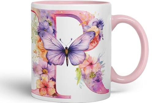 Vixar Letter R Mug, Floral Flowers Butterfly Alphabet Letter R Monogram Watercolour Ceramic Coloured Mug Cup for Tea Coffee Hot Brew 330ml 11Oz Gift (Pink)