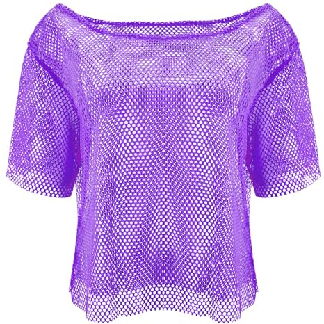 Jadive Maglia a rete da donna anni '80 con top in rete e spalle scoperte, costume retrò da discoteca, Viola, Taglia unica
