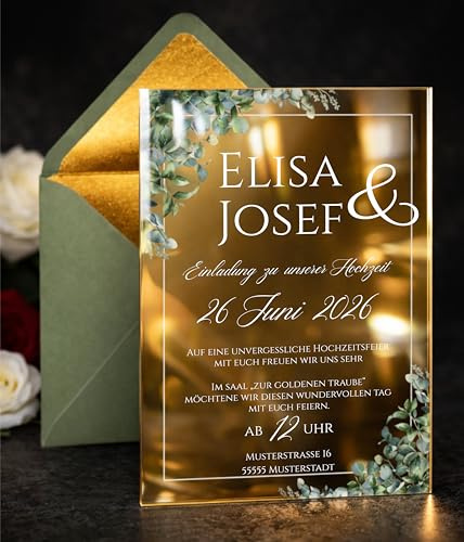 Manschin-Laserdesign Hochzeitseinladungen | Edle Einladungskarten aus spiegelndem Acrylglas für Hochzeit, Geburtstag, Partys - personalisierbar mit Ihrem Wunschtext - mit UV Druck (Gold)