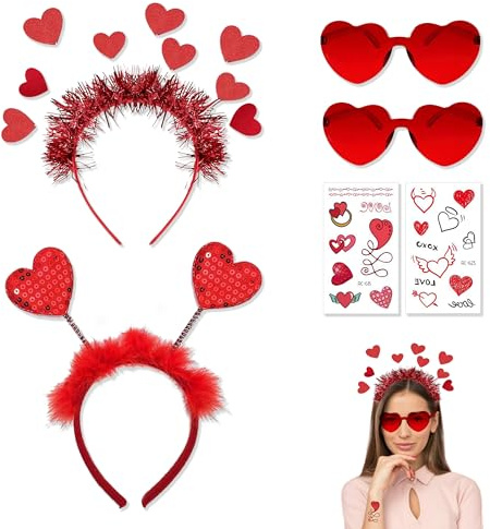 PYSEOSISE Herz Haarreif Rot, Valentinstag Herz Stirnband, 2 Stück Haarreif Herzen mit 2 Paar Herzen Brille und Temporäre Tattoos für Damen Valentinstag Karneval Maskerade Party
