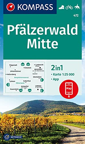 KOMPASS Wanderkarte 472 Pfälzerwald Mitte 1:25.000: 2in1 Wanderkarte inklusive Karte zur offline Verwendung in der KOMPASS-App. Fahrradfahren. Reiten.