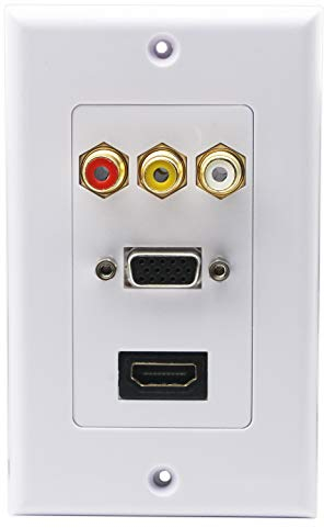 zdyCGTime 3RCA + HDMI + VGA Plaque Murale HDMI Component Composite Audio Vidéo Prise de Charger Support de Prise de Courant Murale Face Plate Panel Cover Blanc (3RCA & HDMI et VGA) RCA&HDMI&VGA