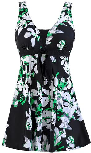 Wantdo Femme Maillots de Bain Une Pièce Robe pour Natation Sportif Impression Élasticité Imprimé Fleur Col en V Taille Plus Cache-Ventre Bretelles Larges Rembourré,Fleur de Poire,EU52-54/ UK 24-26