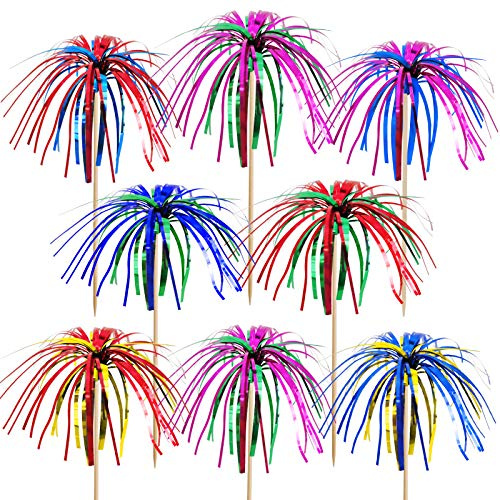 BLUE TOP Cocktail Picks Wood Foil Firework Cake Picks 9 Inch 100 PCS,Cupcake Toppers for Cakes Decoration,Party Suppliers,July 4th,Halloween Decoration,Thanksgiving Day (Firework pick 100 PCS)