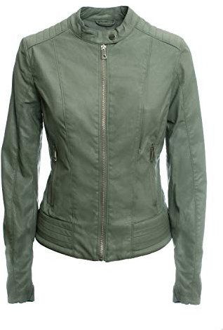 JOPHY & CO. Giacca Corta Donna Ecopelle con Tasche, Cerniere e Scollo Coreana (cod. 8820) (Verde Militare (cod. 8820), L)