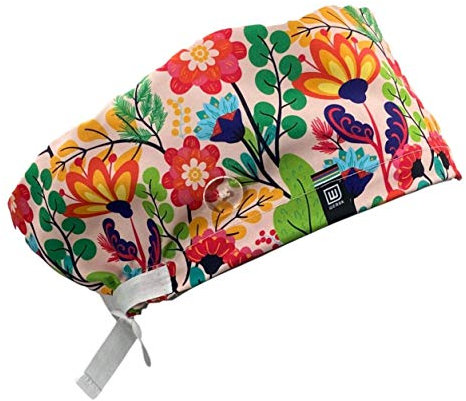 OP-Haube Stoff Für Männer/Frauen Sanitär Krankenschwester Zahnärztin Arzt Kinderarzt für langes Haar mit Seitenknöpfen und Schweißband - (Flower-Power)